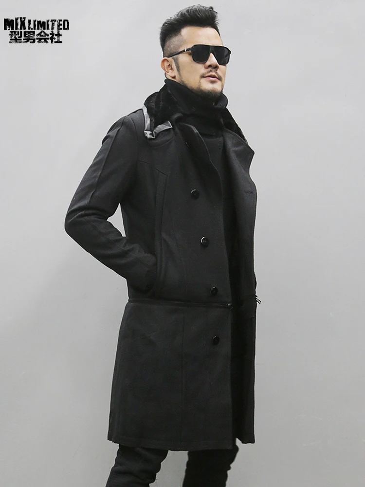 Men new removable woolen winter British style long fur jacket coat