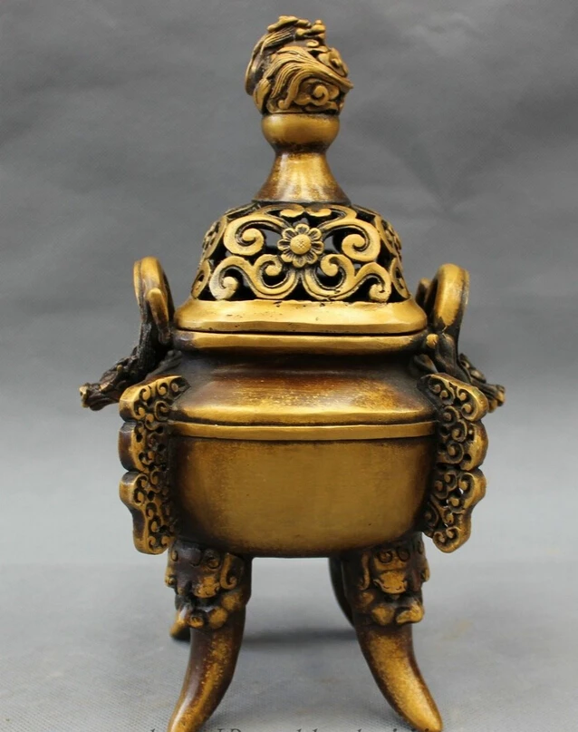 

bi002442 10" Chinese Bronze Buddhism Fly Dragon Lion Head Statue Incense Burner Censer