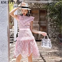 SP2018 Fall/Winter New Season 20 Lace Cutout Stitching Slim Waist Round Collar Butterfly Sleeve Asymmetrical Pink Dress SP2018 Fall/Winter New Season 20 Lace Cutout Stitching Slim Waist Round Collar Butterfly Sleeve Asymmetrical Pink Dress
