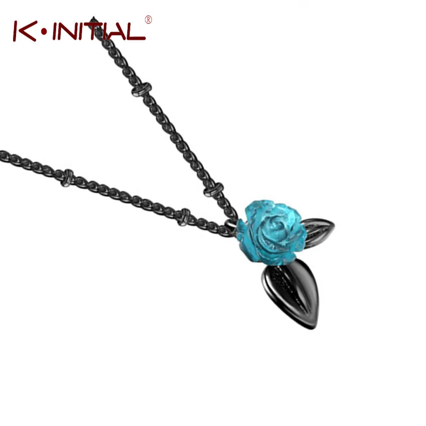 Blue Rose Flower Pendant Necklace Black Plated Retro Boho Statement Link Chain Sweater Chokers Necklaces For Women Bioux