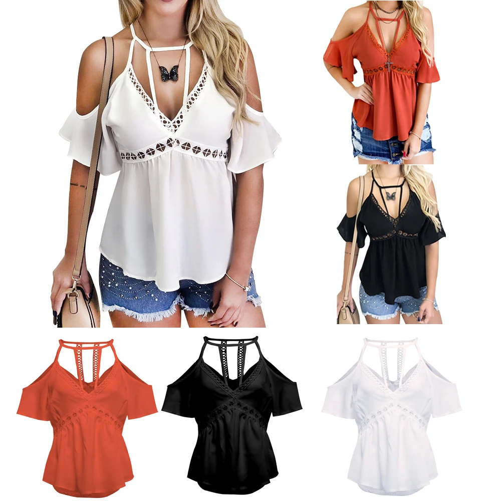 Womens Blouse Vocation OL Chiffon Hollow Slim Sling Deep V-neck Top Blouse Summer Clothes Ruffles Sleeve Summer Blouse For Women
