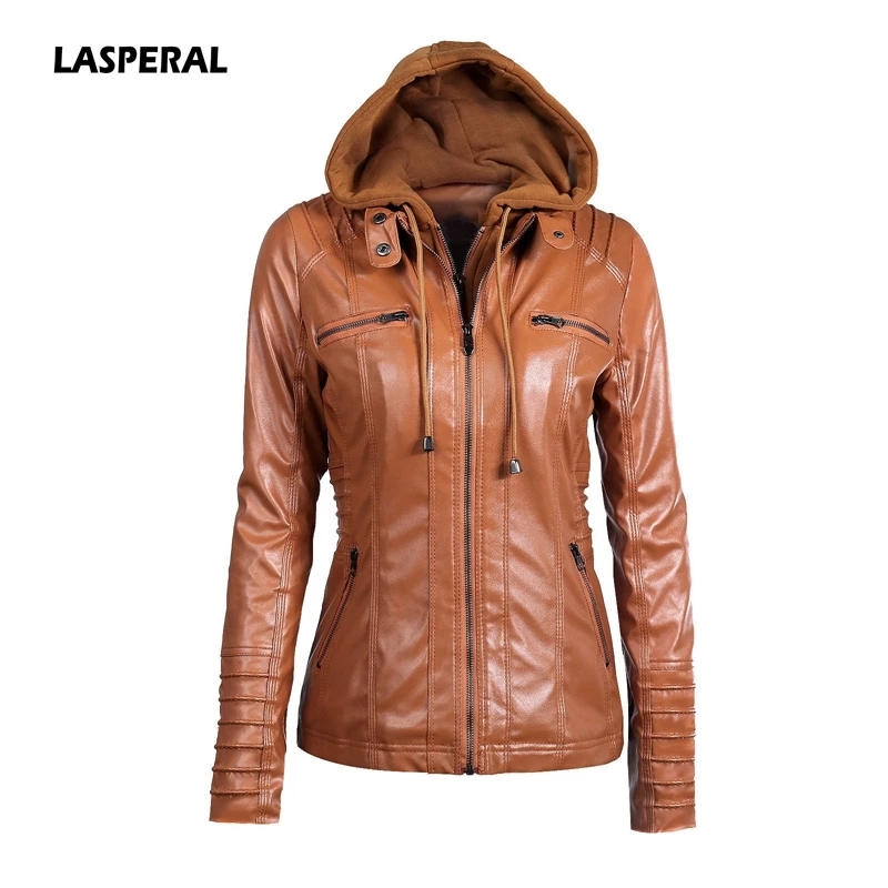 Image LASPERAL 2017 Hooded Faux Leather Jacket Women Autumn Winter Tops Long Sleeve Hat Detachable PU Leather Slim Coat Plus Size 5XL