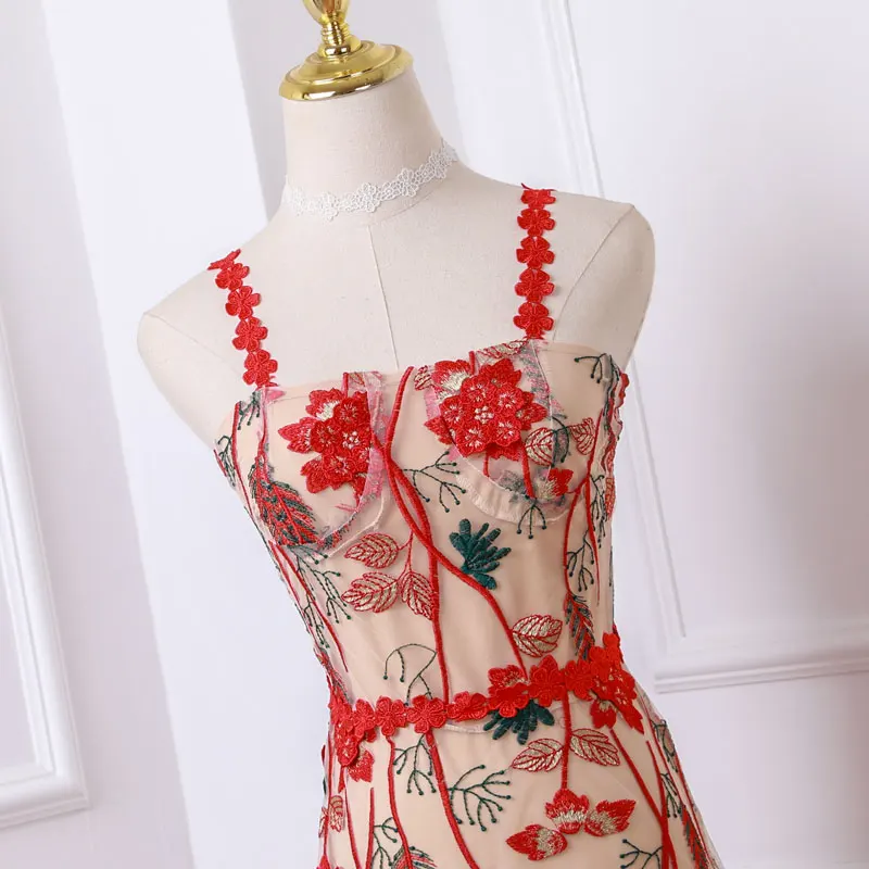 Разноцветное праздничное платье с цветочной вышивкой красного цвета на бретельках летние женские повседневные кружевные Длинные платья без рукавов