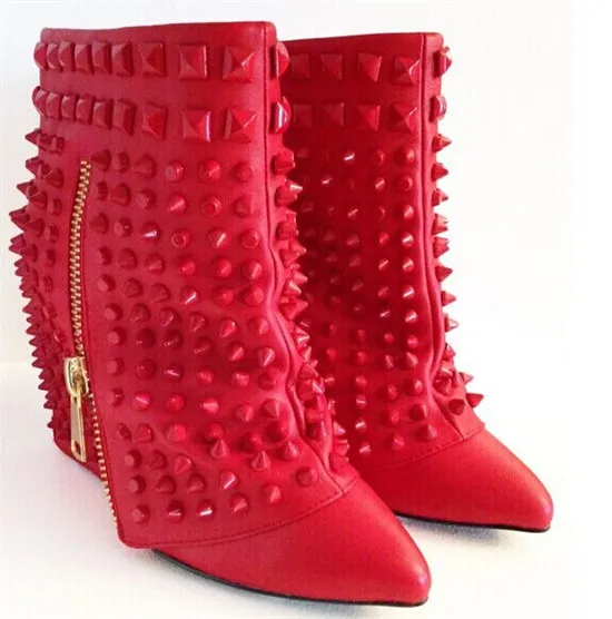 Fashion Shark Shape Wedged Women Boots Pointed Toe Rivets High Heel Ankle Boots Shoes Woman Autumn Winter Rain Boots Botas Mujer (4)