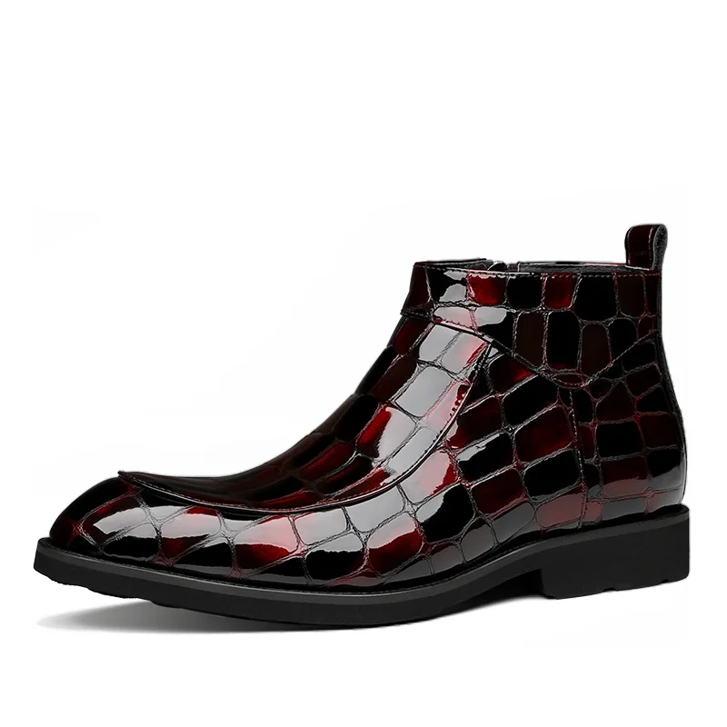 Модные черные/винно-красные ботинки челси с крокодиловым лицевым покрытием Мужские модельные ботинки Свадебная обувь из натуральной кожи сапоги мужские короткие