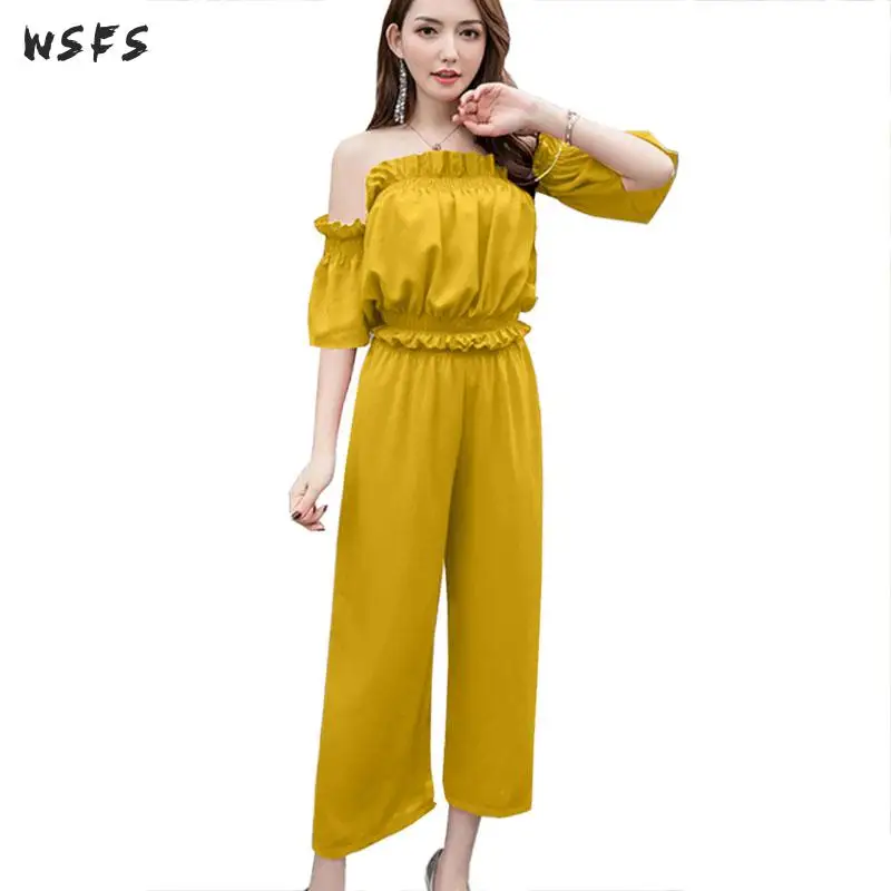 

Summer 2 Piece Set Red Yellow Black Chiffon Slash Neck Off Shoulder Top Womens Dress 2018 Boycon Sexy Sweet Wide Leg Ninth Pants