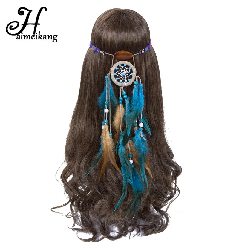Haimeikang ручной регулировкой Для женщин повязка на голову из перьев в богемном стиле «Ловец снов» Камень резинки для волос фестиваль головной убор для хиппи