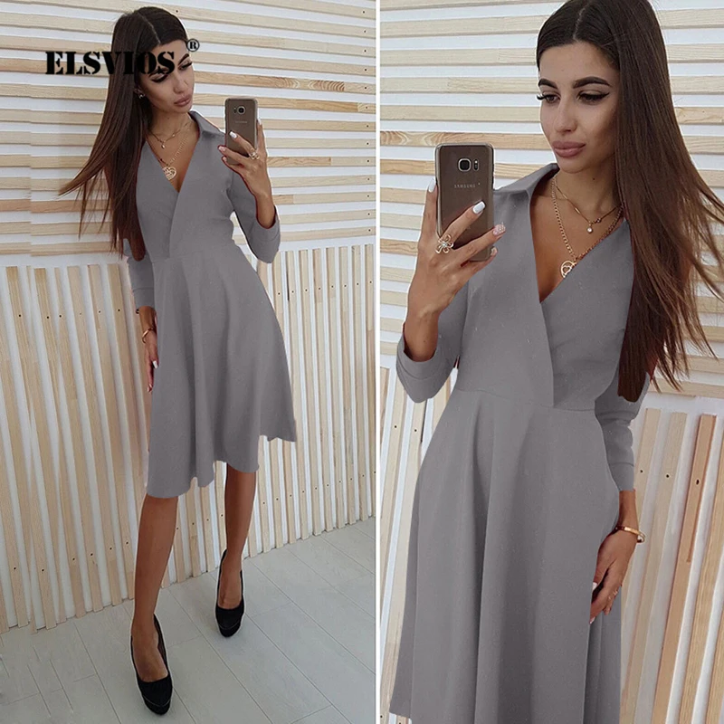 

ELSVIOS New 2018 Elegant Deep V-Neck Autumn Dress Women Solid Long Sleeve A-Line Shirt Dresses Slim Party Dress Female Vestidos