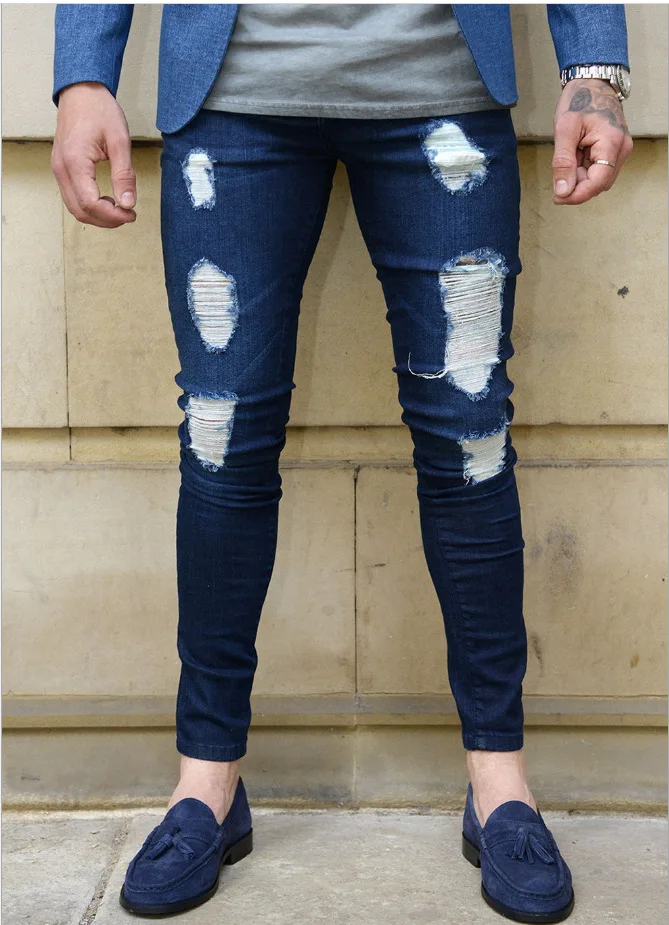 

New Mens Pencil Pants 2019 Fashion Men Ripped Slim Fit Straight Stretch Skinny Jeans For Male Trousers