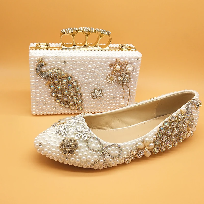 BaoYaFang/женские свадебные туфли с белыми жемчужинами и сумочкой в комплекте; туфли на платформе и высоком каблуке для невесты; женские вечерние туфли и сумочка в виде павлина