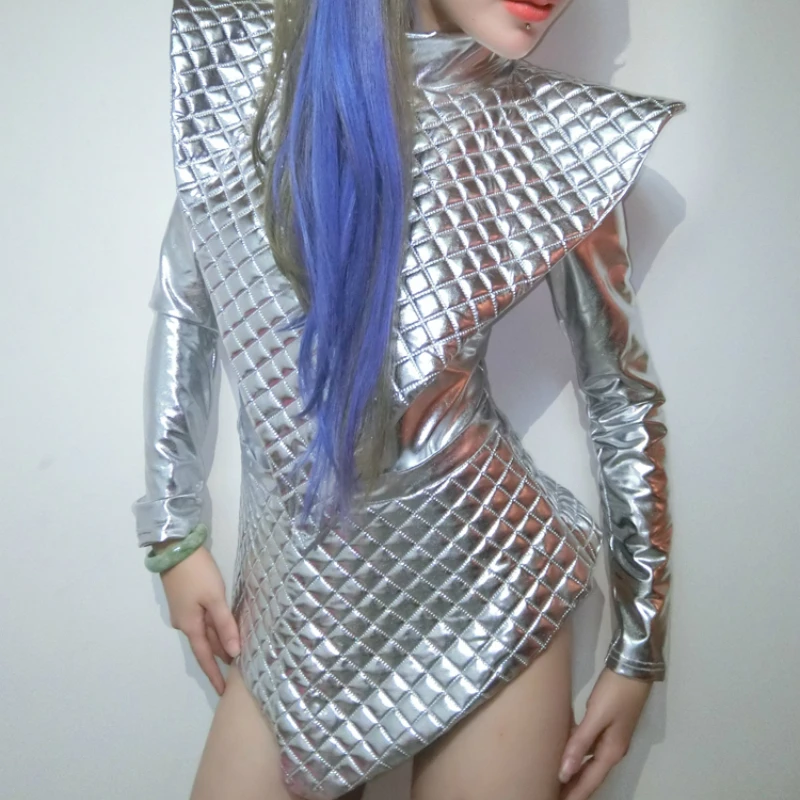 2018 DS nightclub female singer dance costumes personality exaggeration stage outfit reflective silver shiny contiguous suit