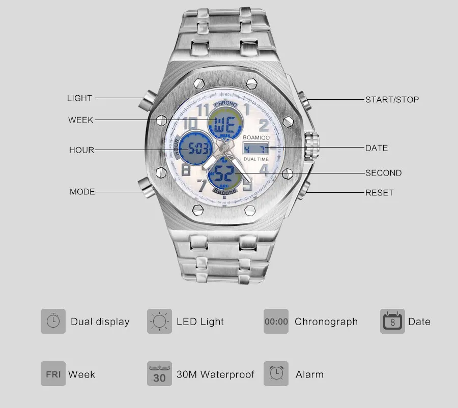 Бренд BOAMIGO, мужские спортивные часы, двойной дисплей, Цифровые кварцевые часы, браслет из нержавеющей стали, наручные часы, Relogio Masculino