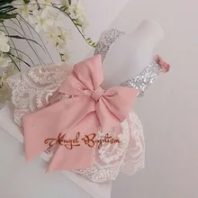 Милое серебряное Пышное Платье с блестками для малышей кружевные платья для крещения с открытой спиной и бантом для девочек вечерние платья на День Благодарения