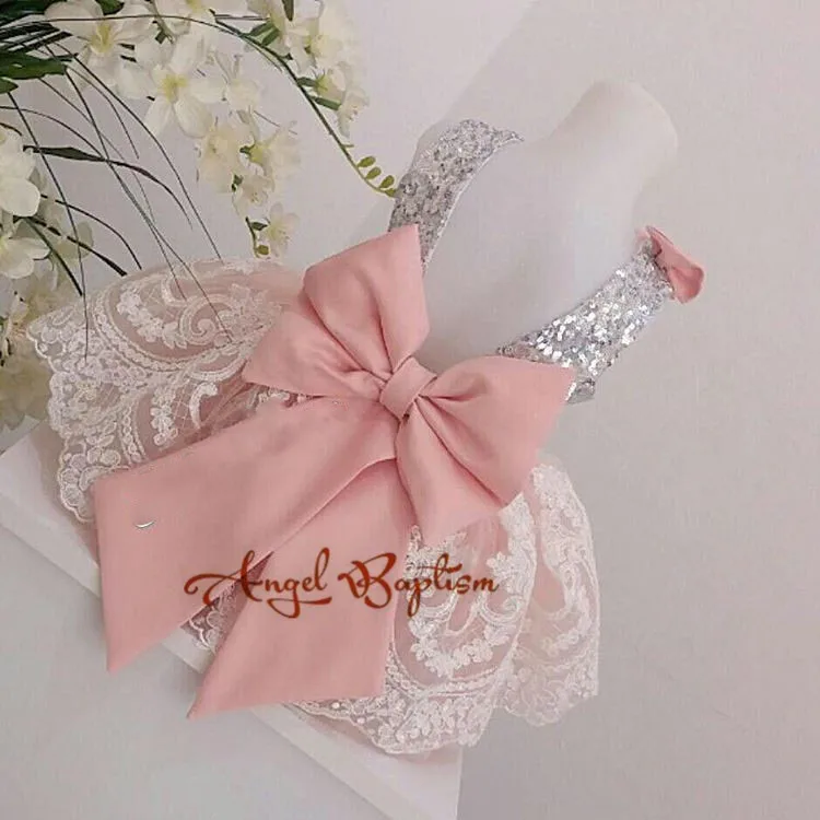 

Cute sliver sequin toddler pageant dress backless lace appliques with bow girls baptism dresses thanksgiving party gown