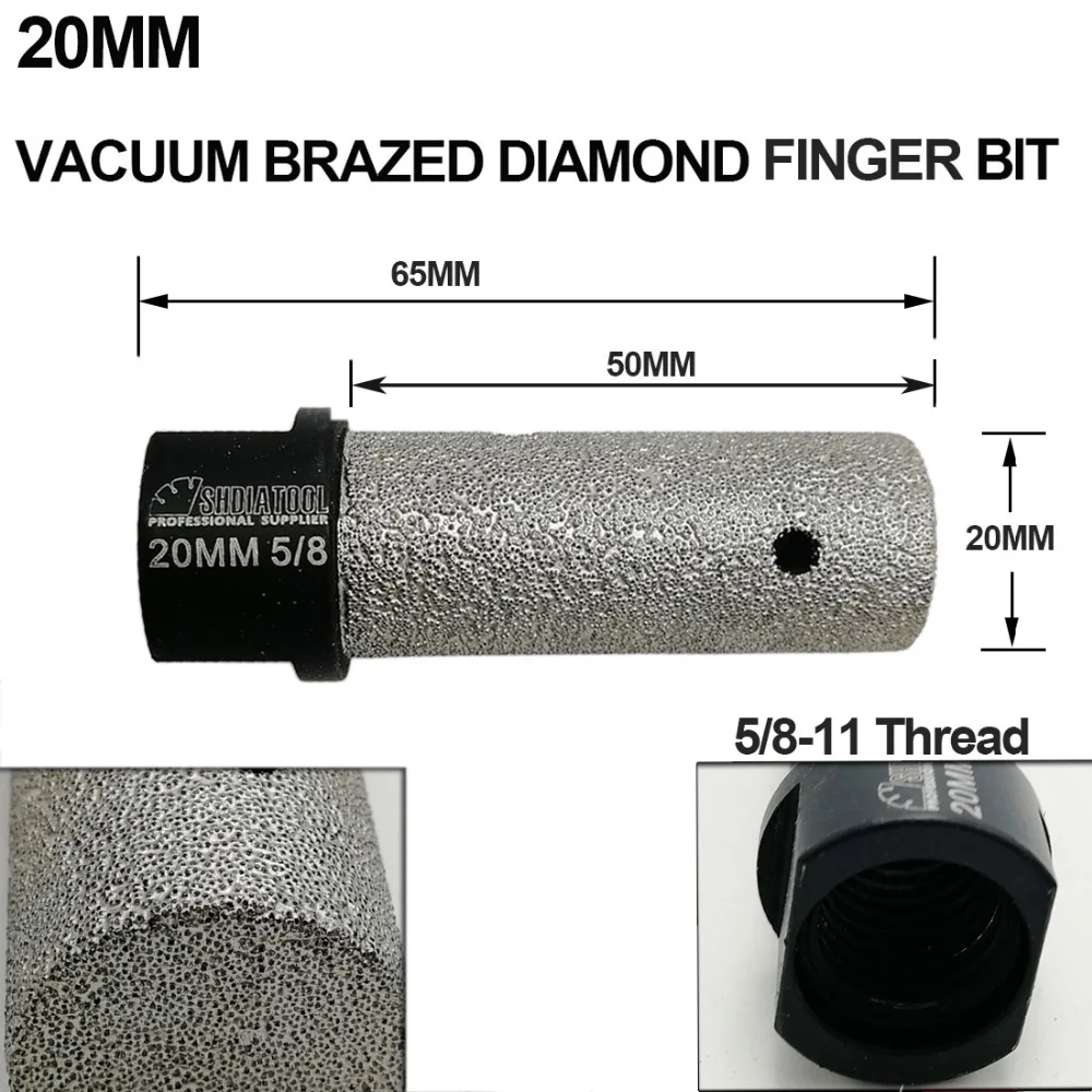 SHDIATOOL 1pc Dia 10/20/25mm Vacuum Brazed Diamond finger bits With 5/8-11 or M14 Thread Enlarge shape round bevel existing hole