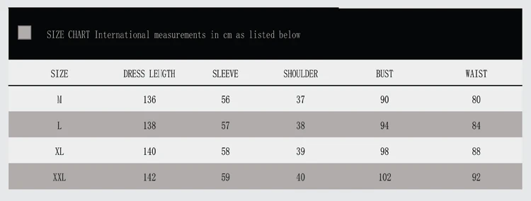 Muslim Arab Women Thobe Thawb Caftan Size Chart