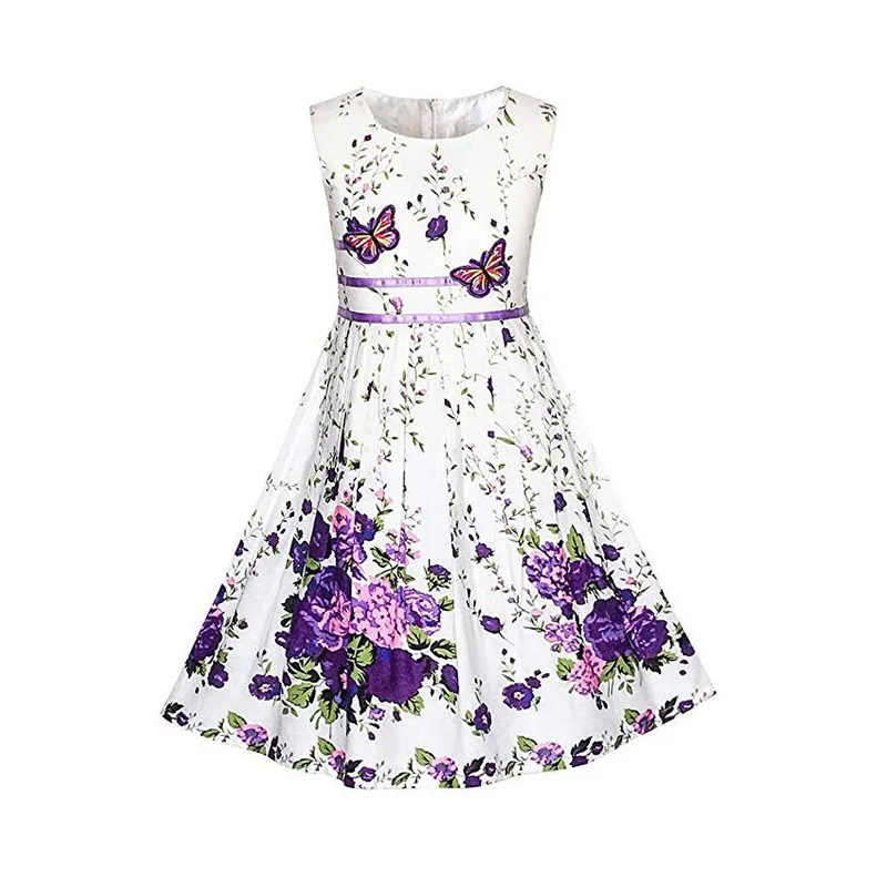 Летнее платье высокого качества для девочек, платья без рукавов с цветочным принтом и бабочками для девочек, детская одежда, повседневное детское платье для девочек