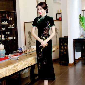 

Embroidery Floral Midi Qipao Dark Green Female Chinese Dress Vintage Button Cheongsam Mandarin Collar Vestido Sexy Party Dresses