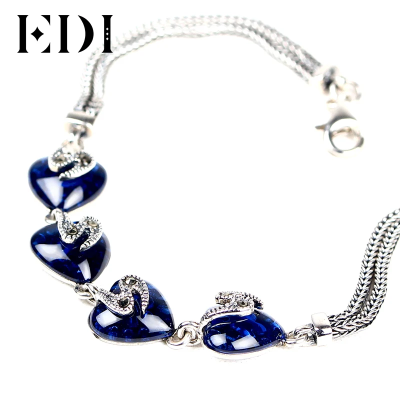 

EDI Sterling Silver 925 Bracelet 4 Heart Natural Gemstone Women's Bracelet Thai Silver Retro Fine Jewelry For Woman Gift