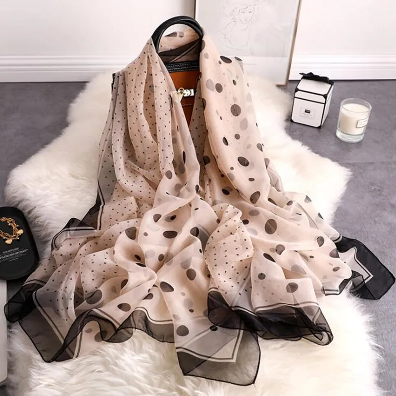 

New women's silk scarves spring fashion printed silk scarves large size beach shawl retro polka dot shawl Muslim headscarf
