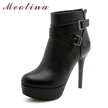 

Meotina Women Ankle Boots Winter Shoes Platform Boots Buckle Red Button High Heel Boots Zipper Ladies Super High Heels Footwear