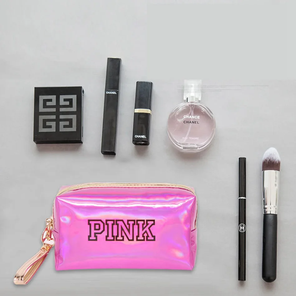 Женская модная розовая косметичка для макияжа, лазерная косметичка на молнии, сумка для макияжа, ящик-органайзер для хранения мешков, туалетные принадлежности, мытье, косметичка