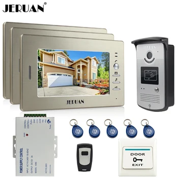 

JERUAN 7`` LCD Video Door Phone Intercom System video Doorbell kit 3 Monitor 700TVL RFID Access COMS Camera + Remote Control