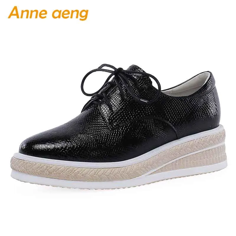 

2019 New Spring/Autumn Genuine Leather Women Pumps Middle Wedge Heel Lace-Up Fashion Casual Women Platform Shoes Black Pumps