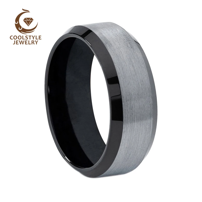 8mm Black Tungsten Wedding Band Ring For Men Matte Silver Top Center