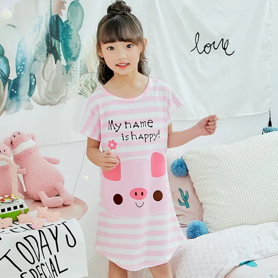 

2018 New Children Short Sleeve Knitted Cotton KT cat nightgown Girl Pajamas Dress Kid Sleepwear Pyjama Girl's Casual Nightdress