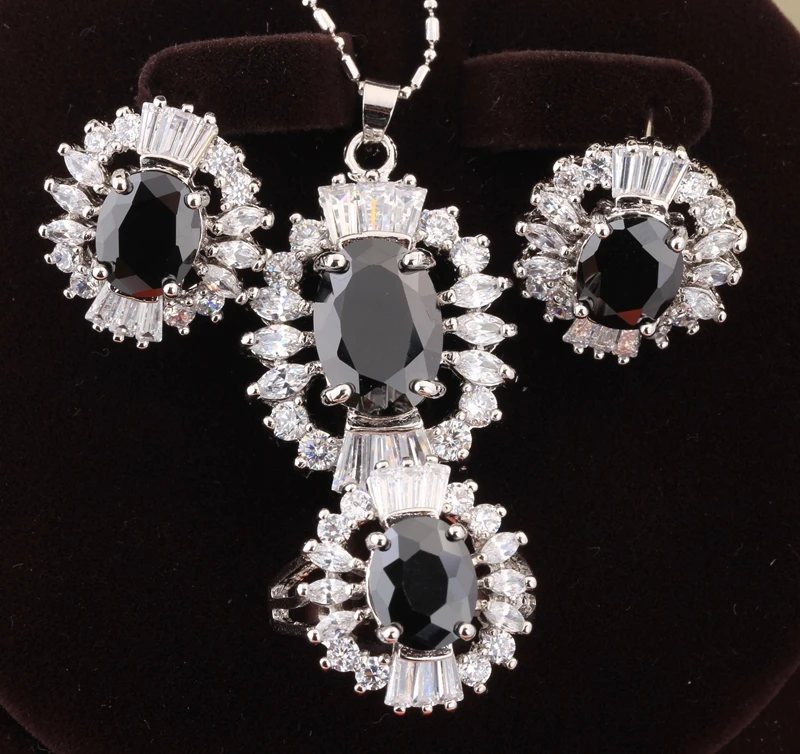 

Black White 925 Sterling Silver Jewelry Sets Earring Pendant Ring Size 5 6 7 8 9 10 Gift S8011