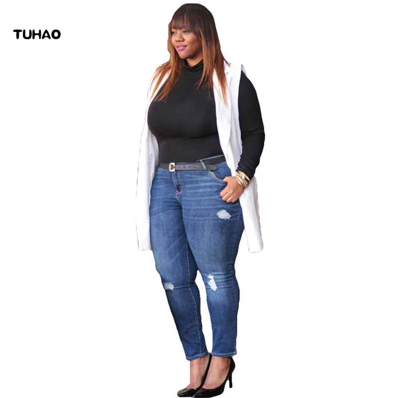

TUHAO Office Lady Female Jeans Woman Hole Pencil Pants Loose Plus Size 5XL 4XL 3XL Women's Casual Denim Trousers for Women QT65
