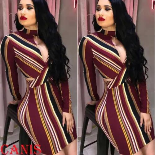 Womens Stripe O-Neck Long Sleeve Bodycon Evening Cocktail Party Short Mini Dress