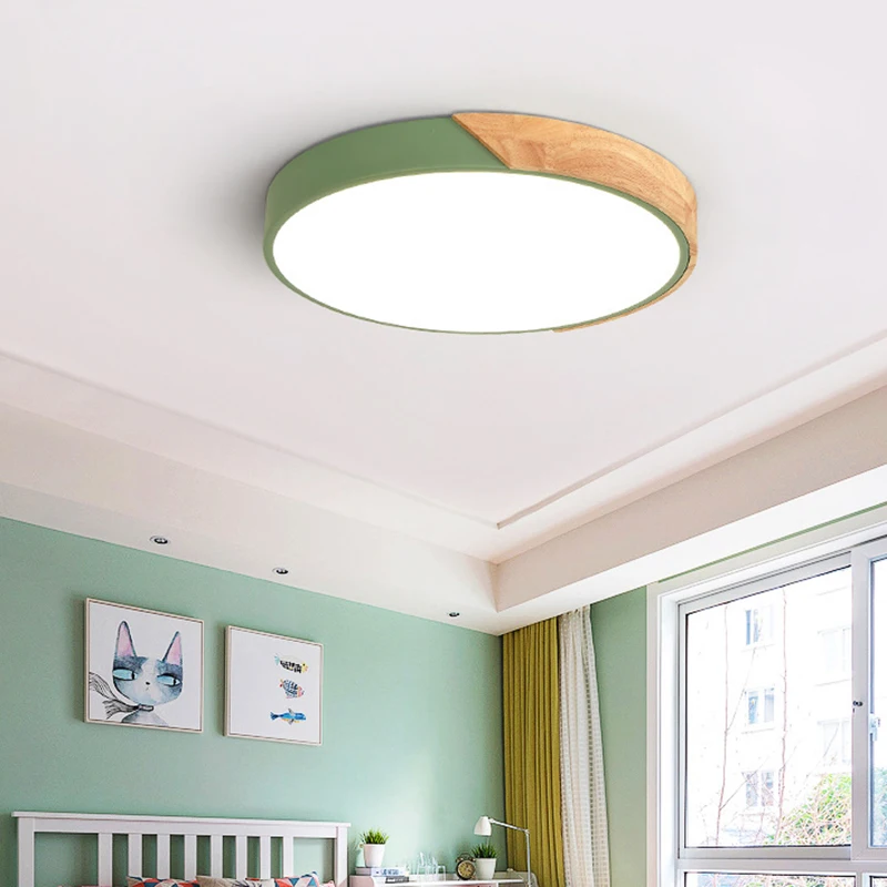 

Nordic Round LED Ceiling Light Wood Macaron Ceiling Light for Bedroom Dining Room QP2
