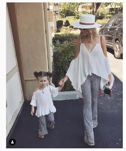 

2019 Mother Mom Mum And Daughter Dresses Family Look Matching Mommy And Me Clothes Tank Tops+Striped Pants 2pcs Matching OutfitS