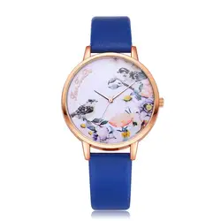 Цветок Птица шаблон Круглый циферблат кварцевые наручные часы для женщин Мода кожаный ремень наручные часы Relojes Mujer