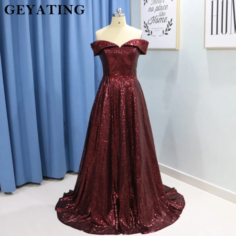 

Elegant Off Shoulder Burgundy Arabic Evening Dress 2019 Sparkly Sequin Crystal Plus Size Women Long Dubai Formal Prom Dresses