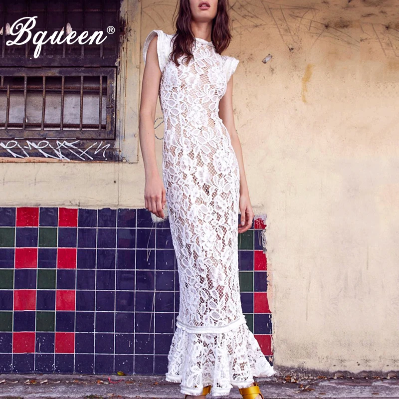 

Bqueen 2019 New Vestidos Women Sexy O Neck Lace Sleeveless Lace Bodycon Sheath Dress Party Club Summer Ruffles Mermaid Dress