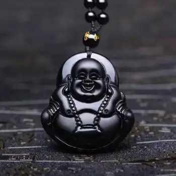 

Natural Obsidian Hand Carved Lock Maitreya Buddha Lucky Pendant Rope Necklace Wholesale