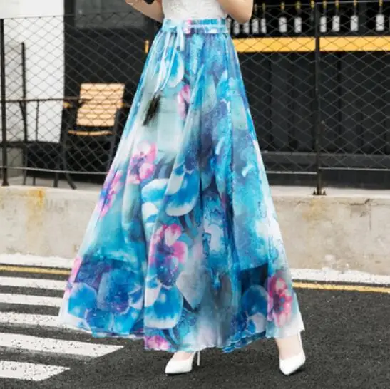 Горячая Новая модная эластичная талия Повседневная шифоновая юбка летняя богемная Цветочная печать пляжная Макси Цветочная длинная юбка для женщин - Цвет: Синий