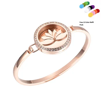 

IJP7016 Rose Gold Lotus Flower Essential Oil Diffuser Locket Bracelet 316L Stainless Steel Charm Locket Bracelet