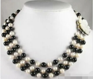 

Jew2213 3 Rows Real White Pearl Black Agate Shell Flower Clasp Necklace (A0326)