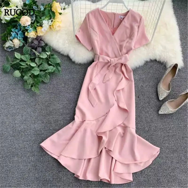 RUGOD элегантное женское платье с поясом, макси Короткие рукава Русалка, платье рыбий хвост, винтажные шикарные очаровательные свободные платья modis femme vestido - Цвет: Розовый