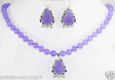 

Jewelry 10mm Purple Jade Necklace Buddha Pendant Earrings Set >^^1>18K gold plated watch Quartz stone CZ crystal