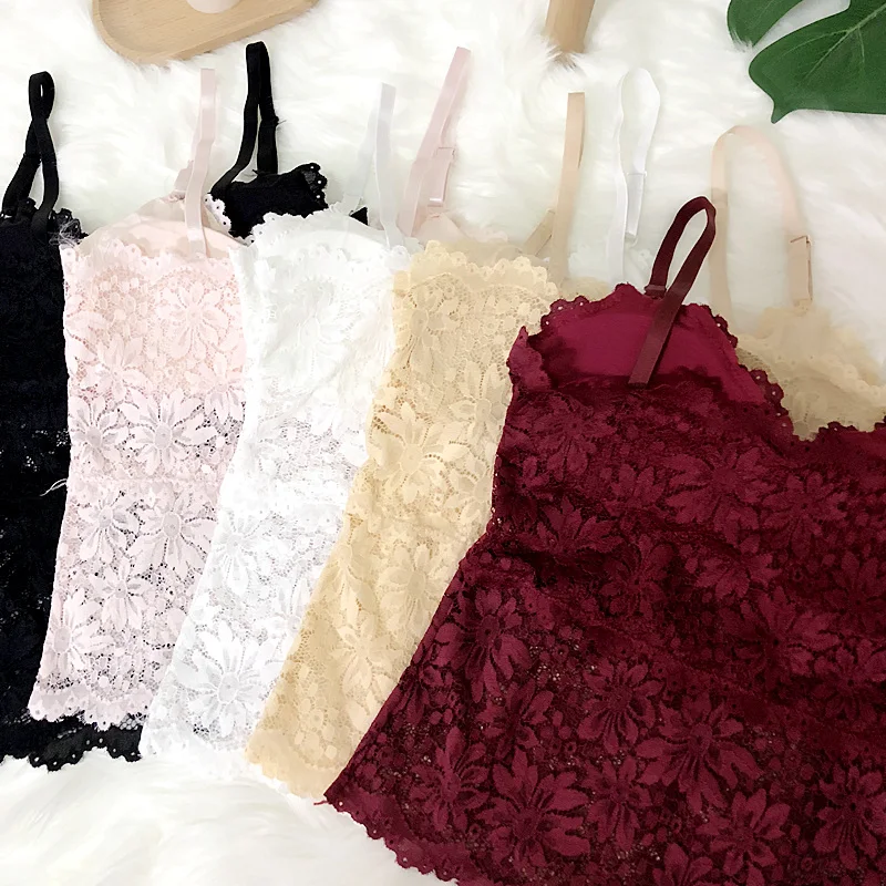 

Girls Sexy Lace Hollow Out Wireless Camis Tops With Seperated Pads Women Backless Padding Tanks Tops For Female G482