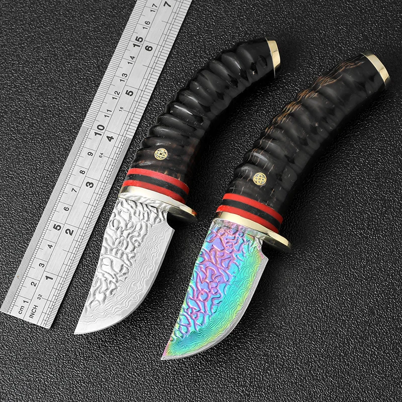 Лучший Kkwolf низкая цена фиксированным лезвием Ножи Дамаск Сталь Рога Ручка выживания Охотничьи ножи джунгли Походные ножи спасения EDC Инструменты