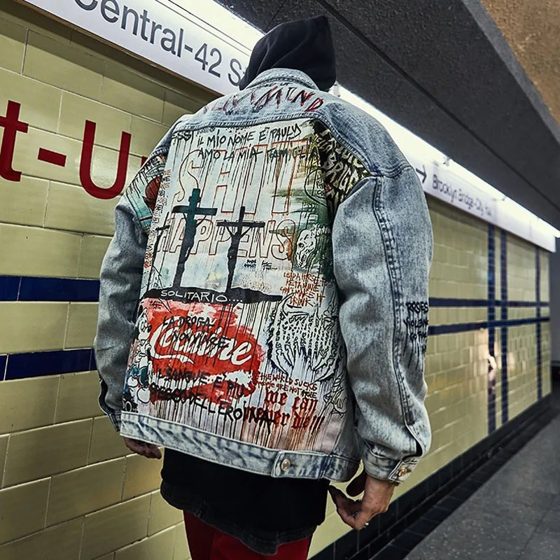 Diavolo Dipinto A Mano Degli Uomini di Stampa di Jeans Giacca di Jeans Del  Fumetto Graffiti di Stampa Cappotti Allentati Vintage Hip Hop di Modo Giacca|Jackets|  - AliExpress