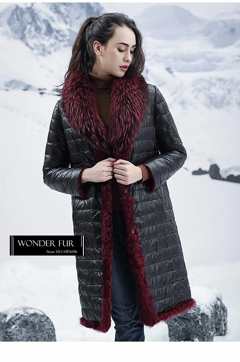 Зимние теплые двухсторонний мех куртка Двусторонняя Овцы шуба для Для женщин Бордо мех ягненка пальто с огромным енот меховой воротник