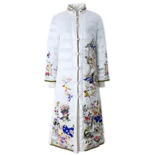 Зимнее женское пальто, белая куртка на утином пуху, Женское пальто, длинное теплое пальто с вышивкой в виде птиц, ручная роспись, на пуговицах, утолщенное пальто 3XL