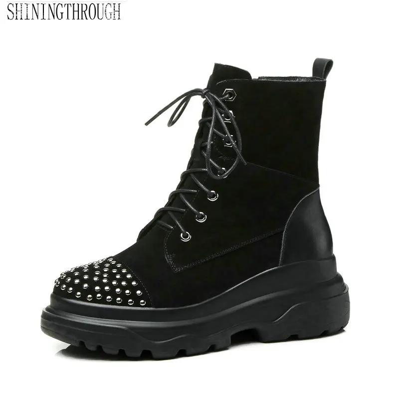 

Genuine Leather Women Ankle Zipper Boots Fashion The Rivet Cross-tied High Heel Women Shoes Spring Autumn Party Ladies Shoes
